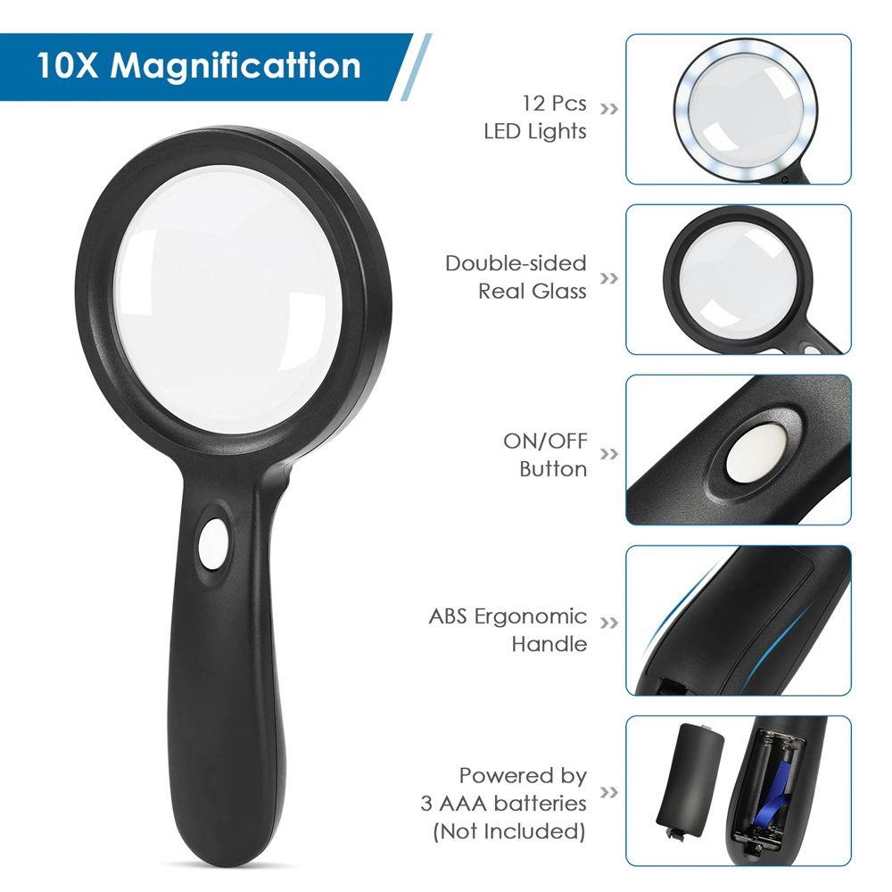 Lanfy Kaca Pembesar Berlampu 10X Penerangan Untuk Membaca Pembesar Perhiasan HD Magnifier