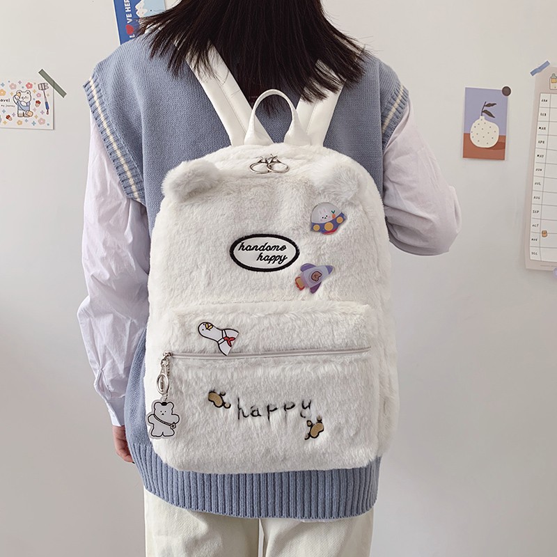 WYK84 Tas Ransel Wanita Bulu Beruang Happy Bear Backpack Feather Impor TKM