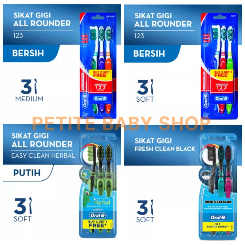 Oral-B Sikat Gigi All Rounder 123 Soft l 123 Medium l Fresh Clean Black l Easy Clean Herbal isi 3