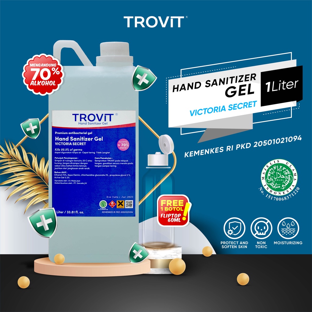 Hand Sanitizer Trovit Gel 1 Liter Bonus Botol 60ml