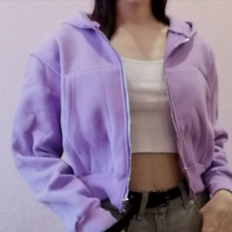 (Ready)Carla Crop Ziper Hoodie/Crop Zip Up Hoodie Oversized brown abu putih hitam Jaket Polos Crop  FINASEFTIYANI-Ungu