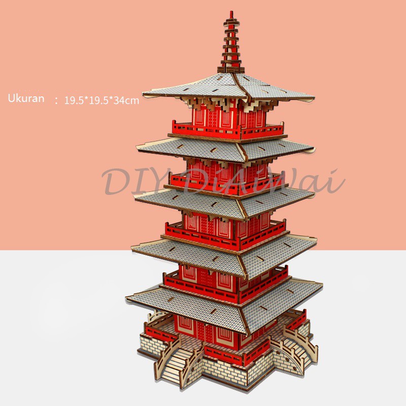 Puzzle 3D DIY bahan kayu model tempat wisata china pagoda, Cold Montain mainan puzzle edukasi anak