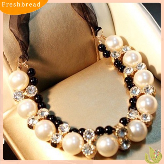 【Fresh】Women Fashion Double Row Faux Pearl Adjustable Ribbon Chain Choker Necklace