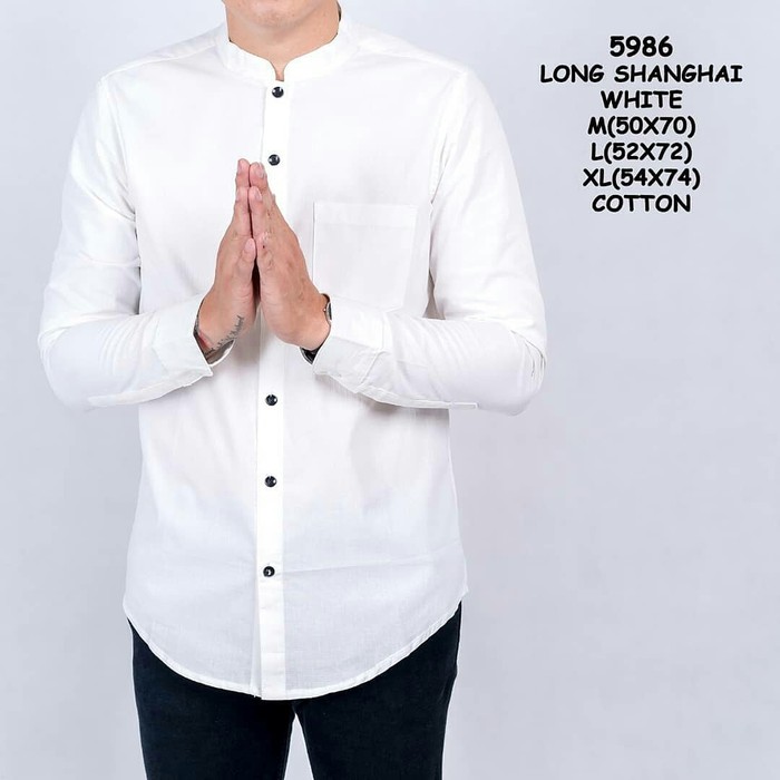 Kemeja pria lengan panjang putih kerah Shanghai