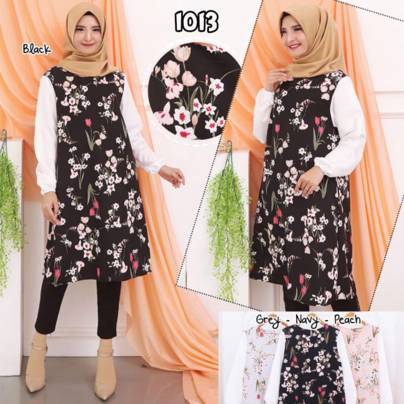 Baju dress tunik muslim wanita motif corak bunga bahan berkualitas