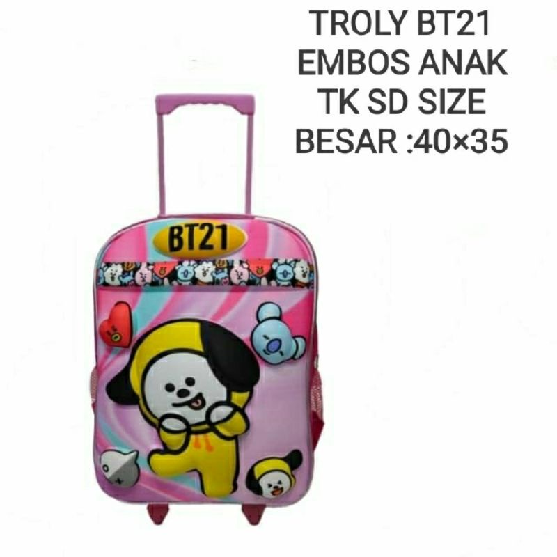 TROLI DAN TAS KARAKTER BT21 ANAK PEREMPUAN TAS DORONG RODA