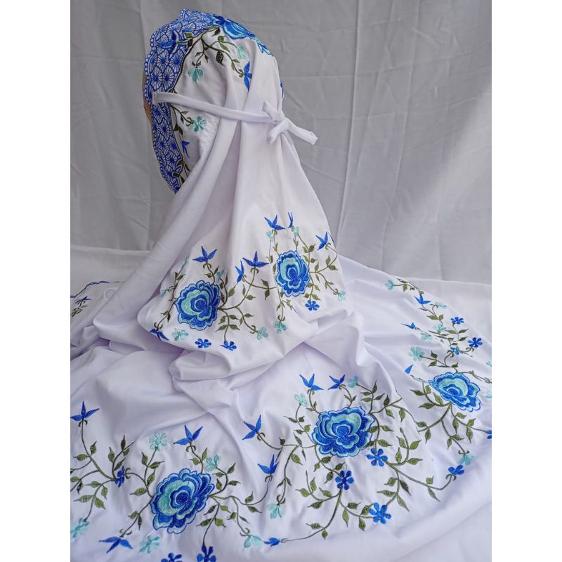 Mukena terusan lajuran Dewasa Santri Minang Jumbo Putih Polino Katun Bordir bunga Bahan Adem