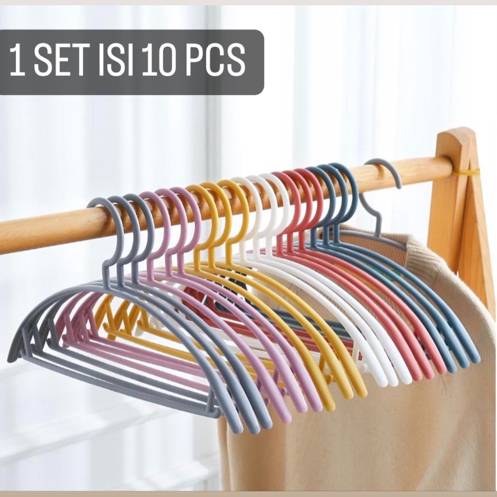 GANTUNGAN BAJU HANGER PLASTIK | PLASTIC HANGER PAKAIAN LAUNDRY ANTI SLIP WARNA 1 SET ISI 10 PCS