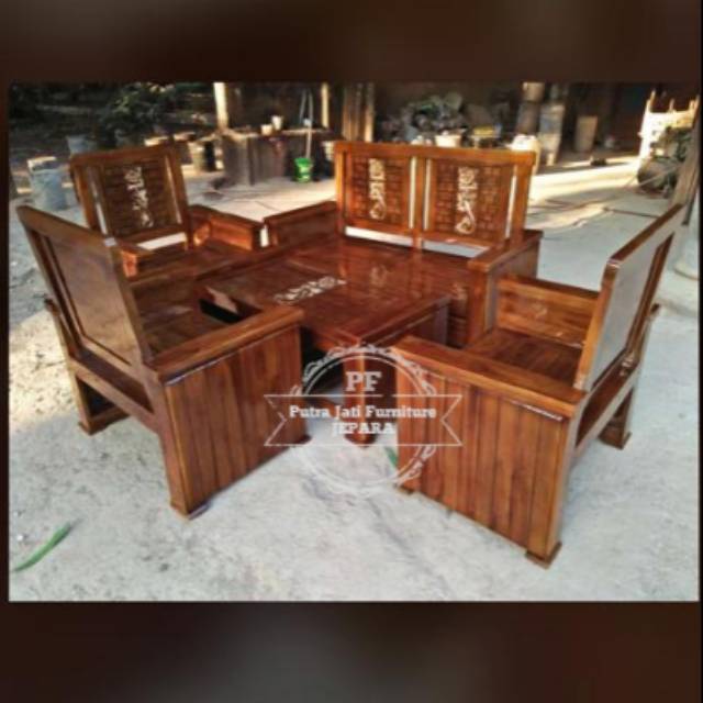 1 set meja kursi tamu kayu jati ukir minimalis