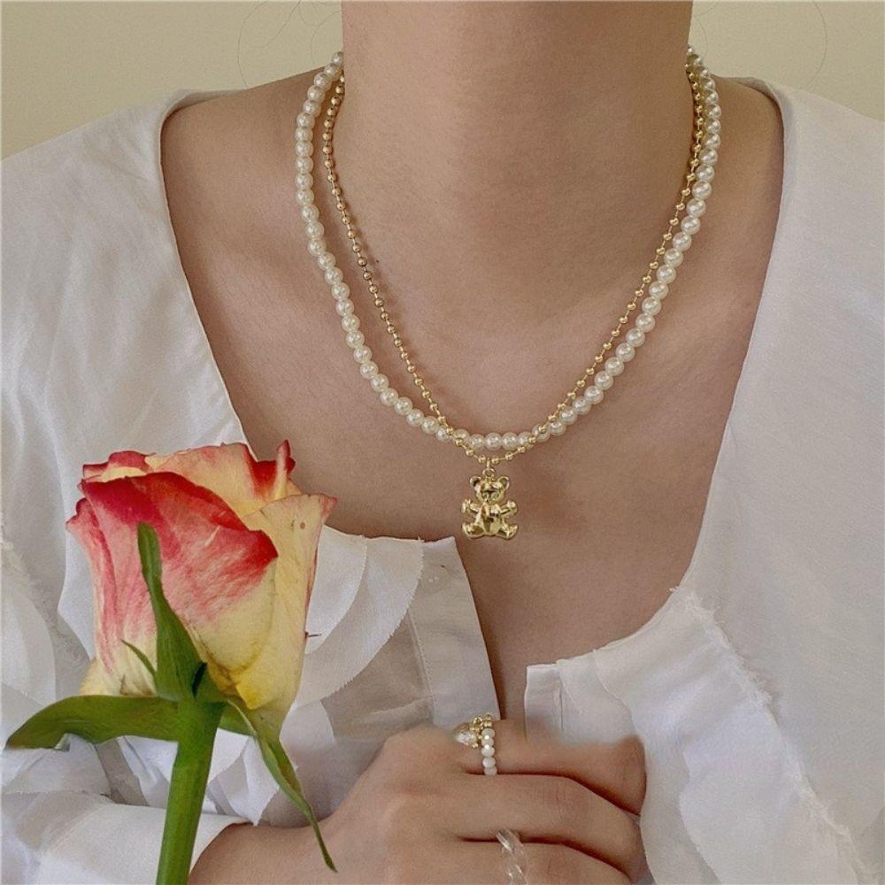 Mxbeauty Kalung Beruang Mutiara Berlapis Ganda Temperamen Vintage Perhiasan Perempuan Desain Rasa Hadiah Untuk Her Korean Style Necklace