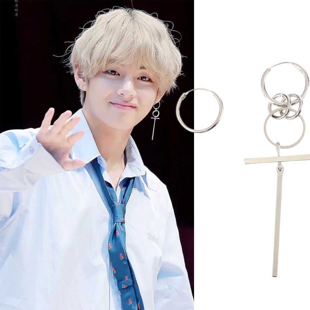 Anting Stud Desain Kim Taehyung Geometris Bahan Alloy Warna Silver Gaya Korea Untuk Pria Dan Wanita