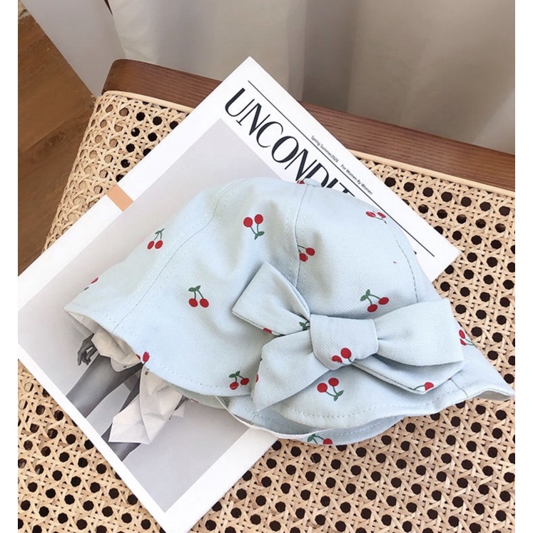 Topi Bucket Anak Bayi Balita Perempuan Import Model Pita Cherry-Green