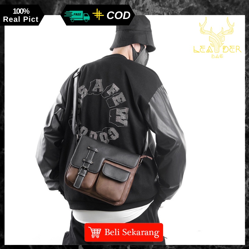 Tas Selempang Pria Kulit Tas Kerja Pria Terbaru Tas Slingbag Kulit Cowok Import Premium Tas Pria Kulit Original Distro Warna Coklat Dan Abu-abu Waterproof B72 GIDEON