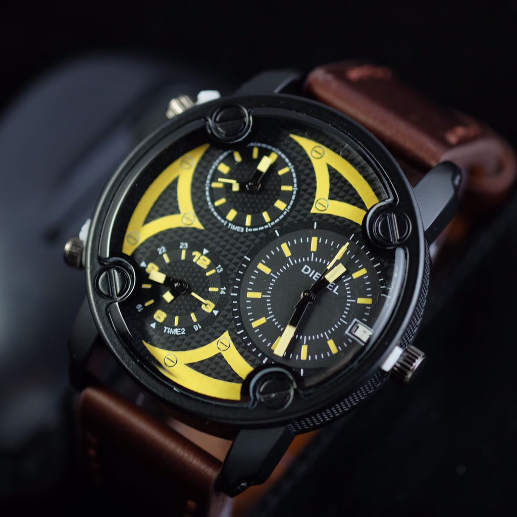 Jam Tangan Pria Diesel Triple Time Date Leather Strap