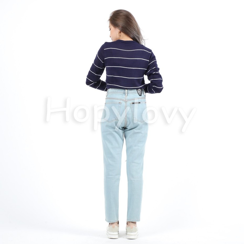 HOPYLOVY - Celana Boyfriend Jeans Wanita Aplikasi Ripped / Sobek Tembus Glen