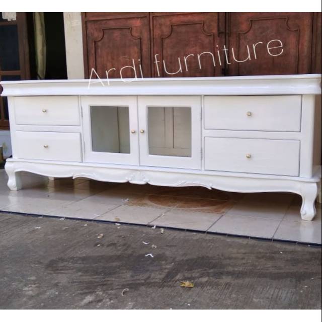 Meja tv retro putih rak bufet pajangan minimalis jati meubel jepara