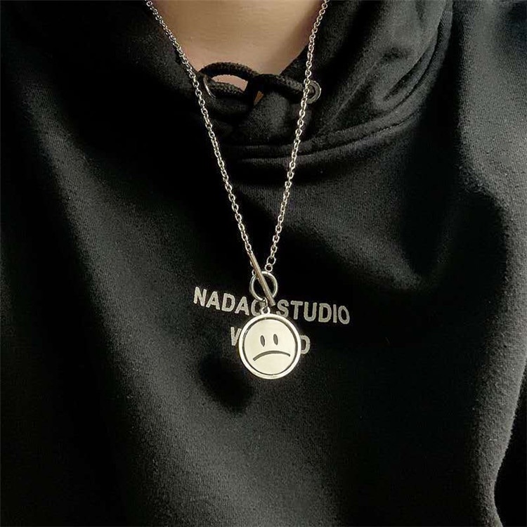 ins simple titanium steel personality rotating smiling face crying face mood fashion Korean male and female hip-hop necklace 210823