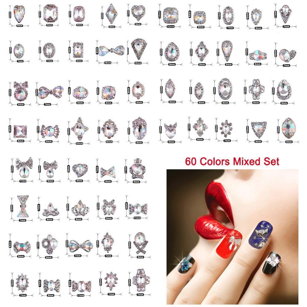 Timekey 60pcs / Set Hiasan Kuku 3D Bahan Alloy Hias Kristal / Berlian Imitasi Untuk Manicure DIY A1K7