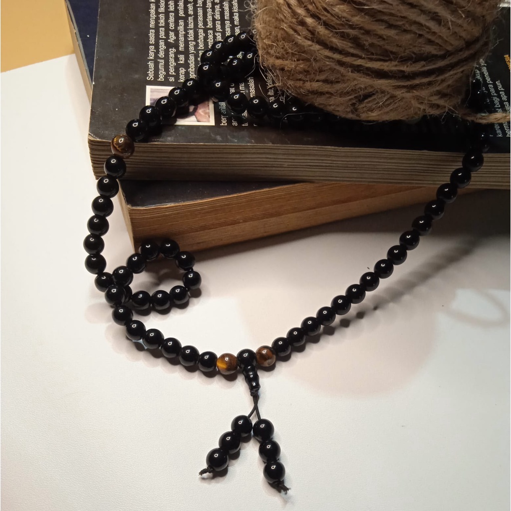 Kalung Tasbih Japamala 108 Batu Black Onyx Kombinasi Tiger Eye