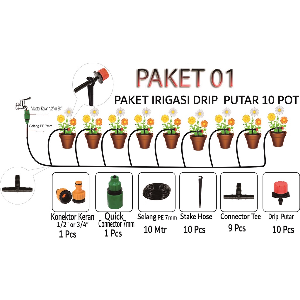 PAKET IRIGASI POT DRIP PUTAR 10 POT / DRIP PUTAR / PAKET 01