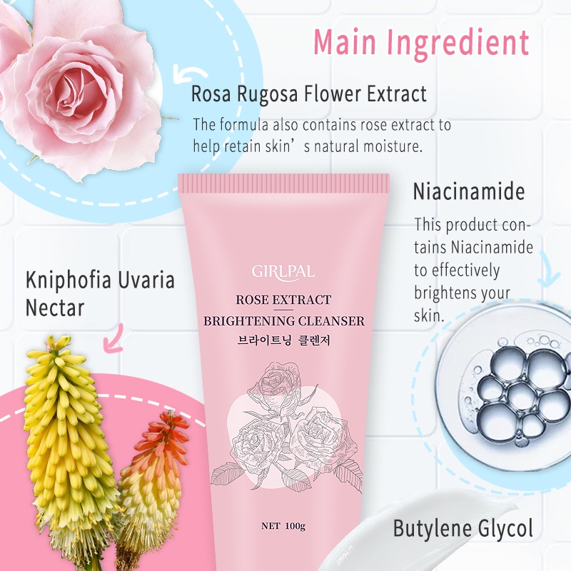 GIRLPAL 100g Rose Brightening Foaming Cleanser - Niacinamide Facial Cleanser Brightening Clean Pore Cleanser GPSRF1006