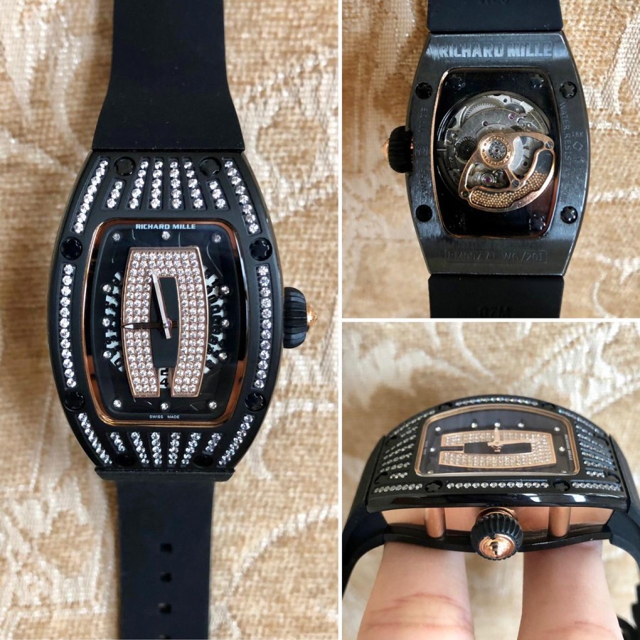 Best Seller Jam Tangan Wanita RM 007 Diamond Black Rubber Garansi 1th