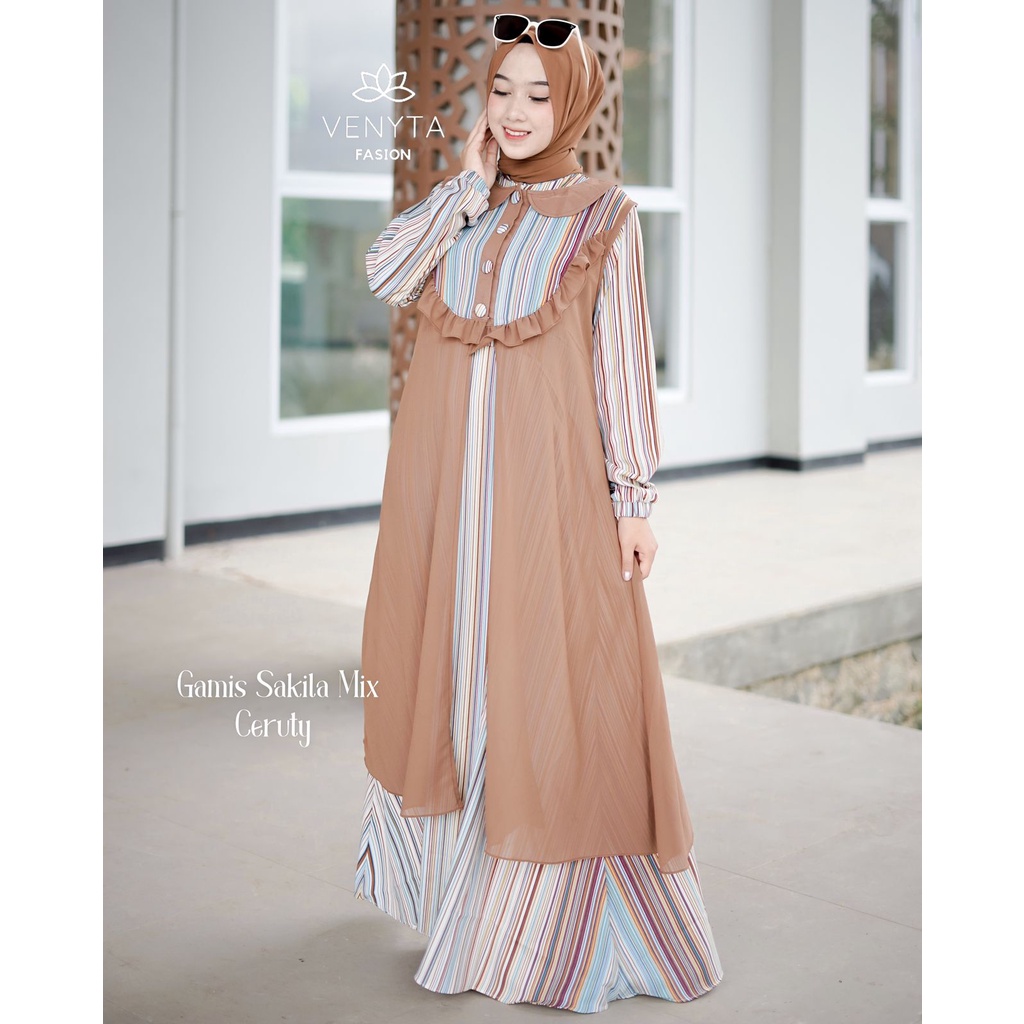 Gamis outer 2IN1 SAKILA SET OUTHER CERUTY LALA LYLA GAMIS TRENDY WANITA MASA KINI ORIGINAL VENYTA MOTIF SALUR shanglow shan glow pisah rompi cardigan