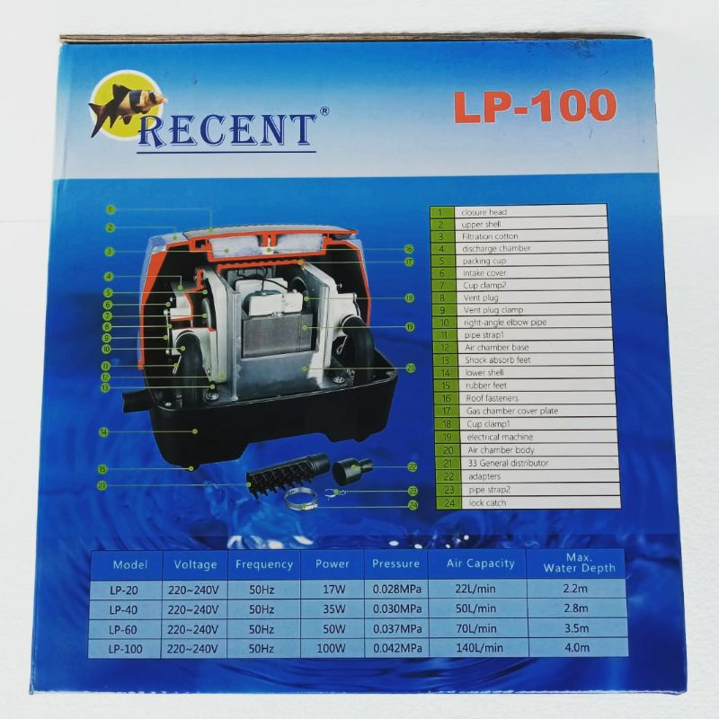 airpump RECENT LP 100 Aerator mesin pompa gelembung kolam breeder