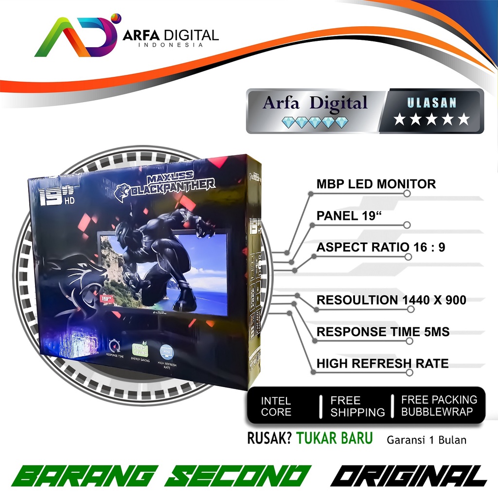 Monitor LED BLACK PANTHER Full HD 19 Inch VGA HDMI Garansi Resmi 1 Tahun