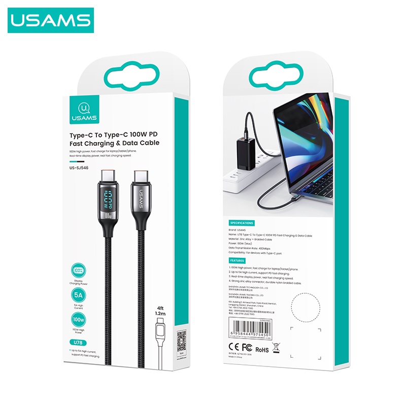 USAMS U78 Kabel Data Fast Charging Type C to Type C Digital Display 100W