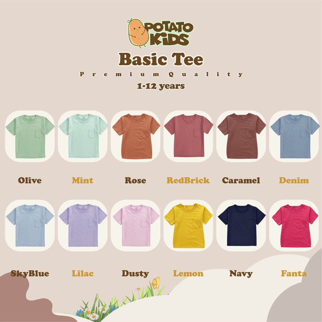 Kaos anak cotton 30s laki-laki perempuan potato kids pocket tee 1-12 tahun