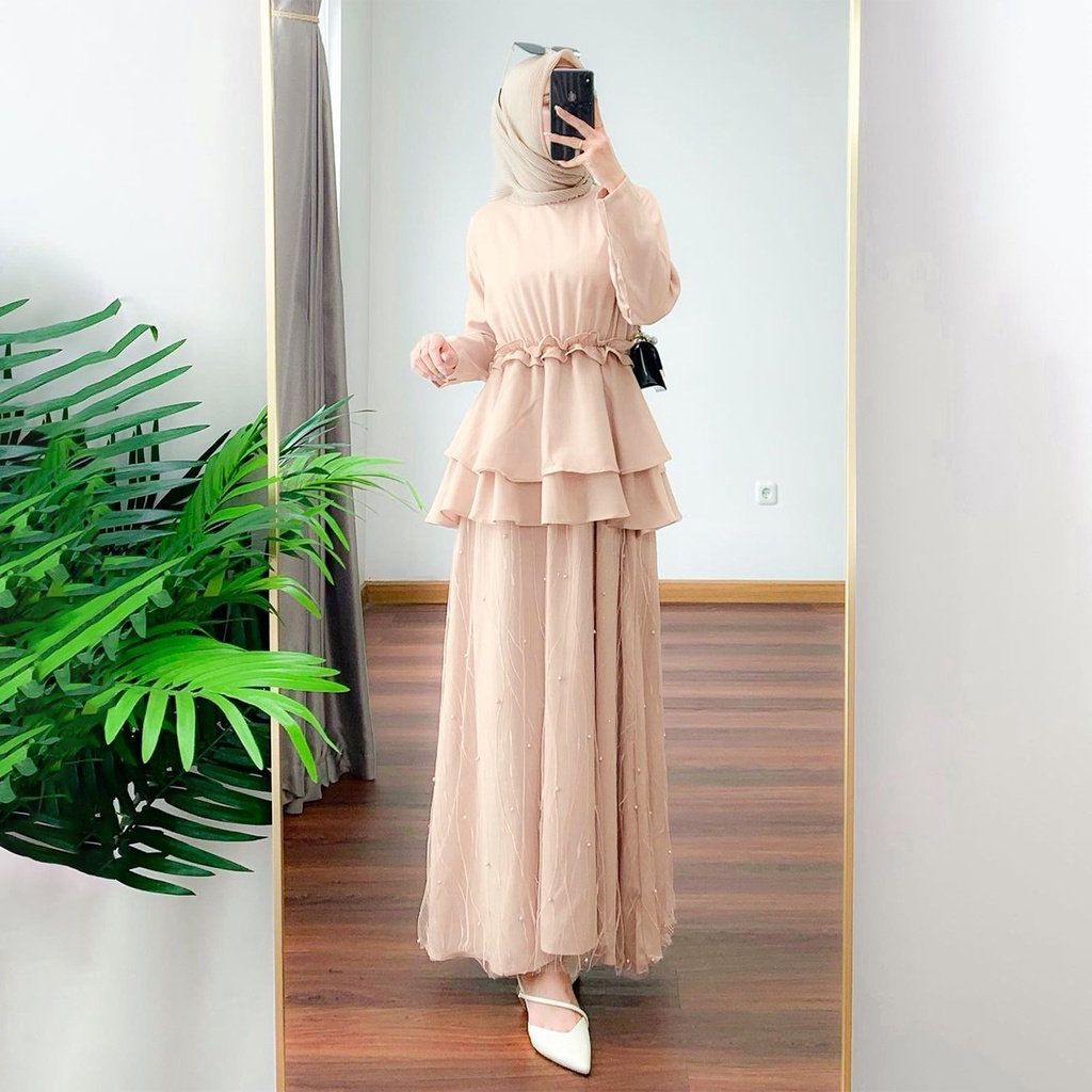 NEW ARRIVAL - Maxi Dress Kondangan Elaine Gamis Brukat Tulle Mutiara / Dress Bridesmaid Kekinian / Baju Kondangan Wanita / Long Dress Outfit Wisuda