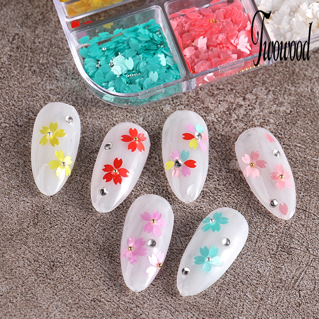 Twowood 1 Kotak Hiasan Kuku Bentuk Kelopak Bunga 3D Tahan Air Untuk Nail Art DIY