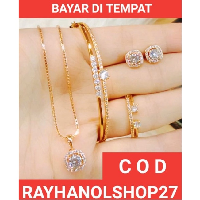 SET WANITA LENGKAP TERBARU RO-27 TITANIUM MOTIF PERMATA CRISTAL LAPIS EMAS 22K ANTI KARAT