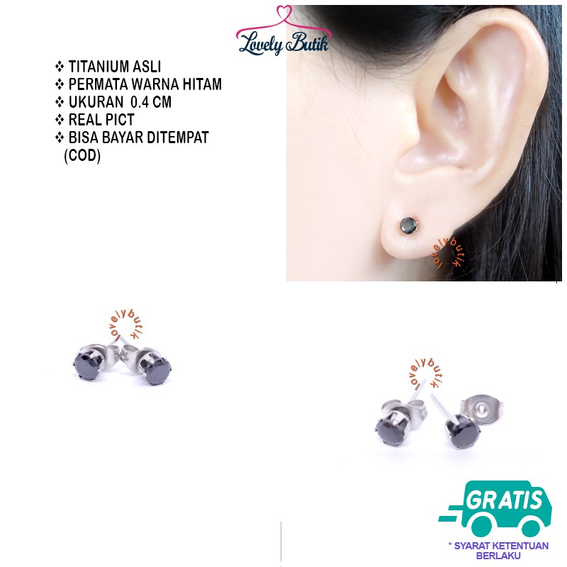 Lovelybutik Anting Anti karat Anting Tindik Wanita Titanium Crown Anting Permata Hitam