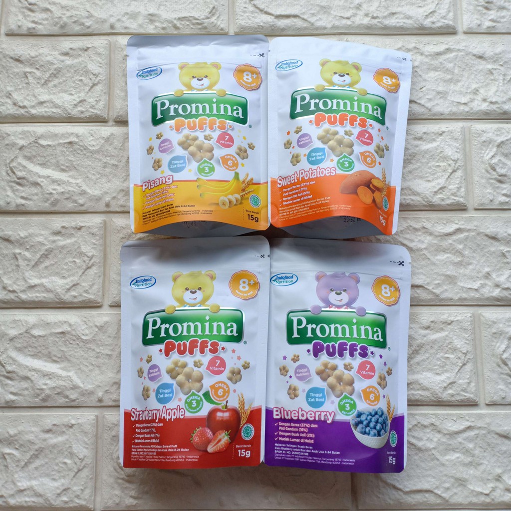 Promina Puffs Peach 15gr Snack Baby Makanan Cemilan Mpasi Bayi kudapan sereal Puff usia 8 bulan ke atas 8+ cemilan camilan pisang blueberry stroberi potato