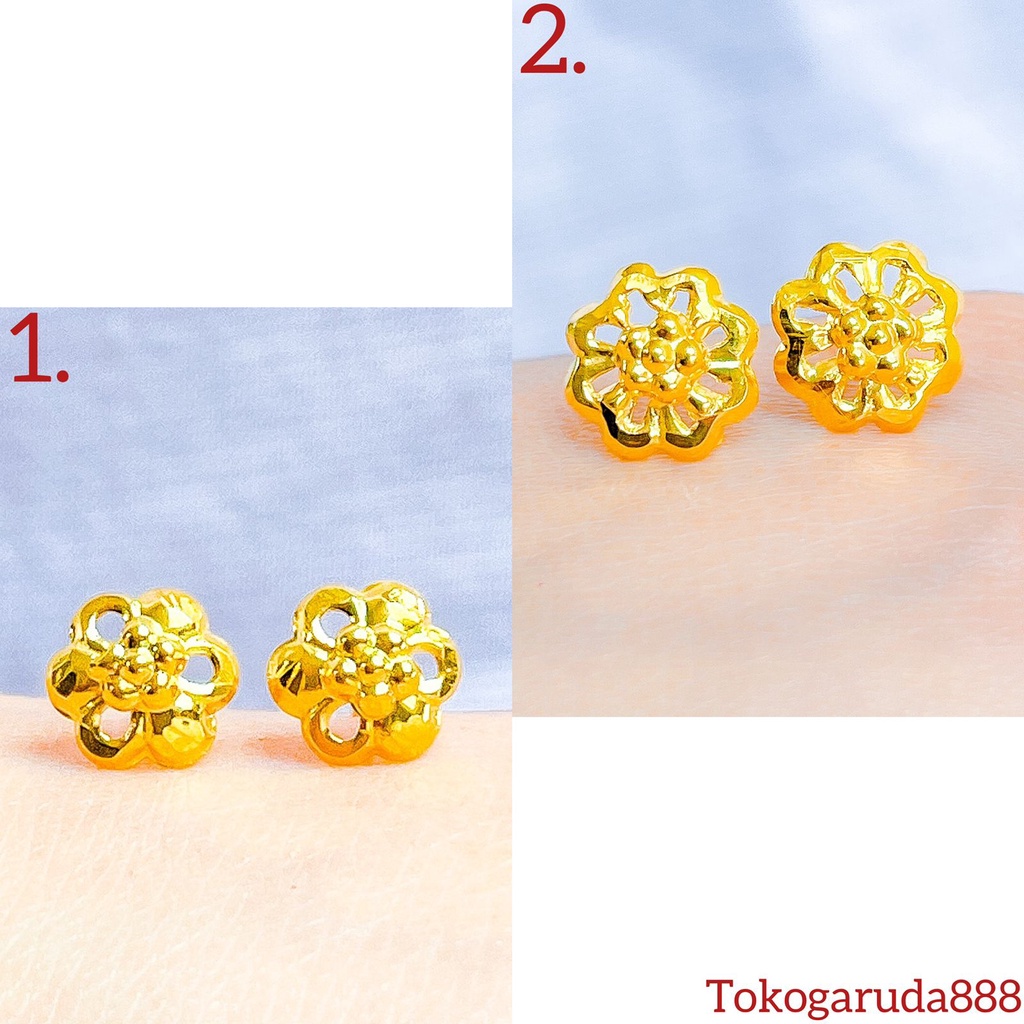 Anting duduk anak dan dewasa emas asli kadar 700 70 16k 3D bunga like kendari simpel giwang kerabu paku cucuk stud ringan 0,5 gr gram g setengah gold earrings