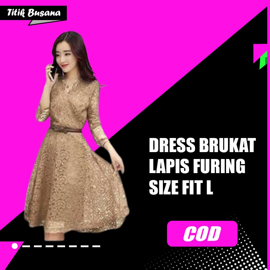 Dress Sasa Korean Style Wanita Fashion Muslim Lapis Furing Brukat Dress LD 90 Terbaru Mustard Hijau 