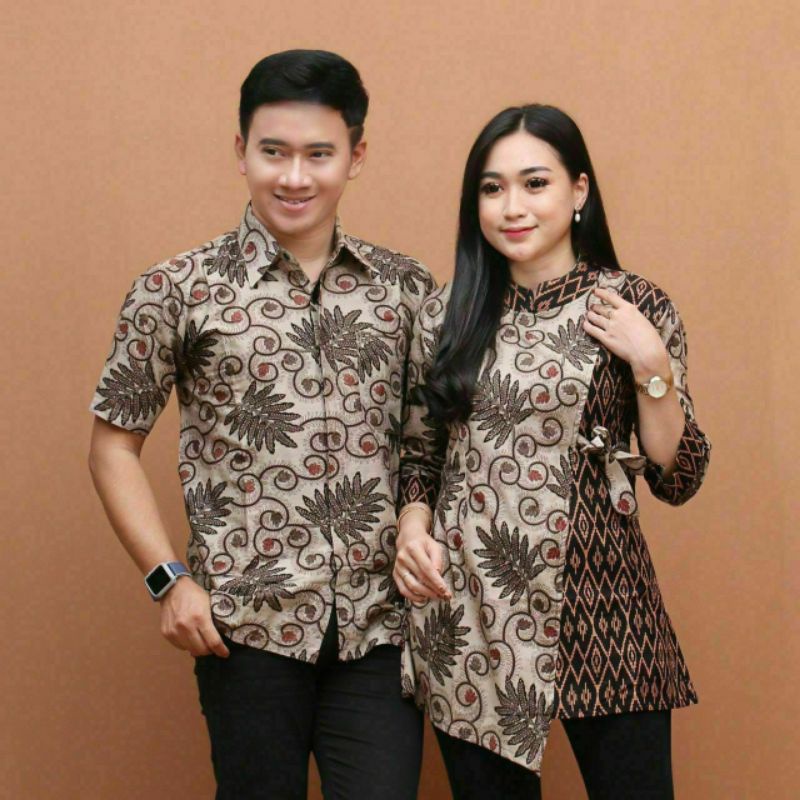 Atasan Baju Batik Couple Pasangan Pria Wanita Seragam Kerja Kantor Modern ASJ SA HRB026 Kenongo Kemeja Tosca Pendek Kekinian