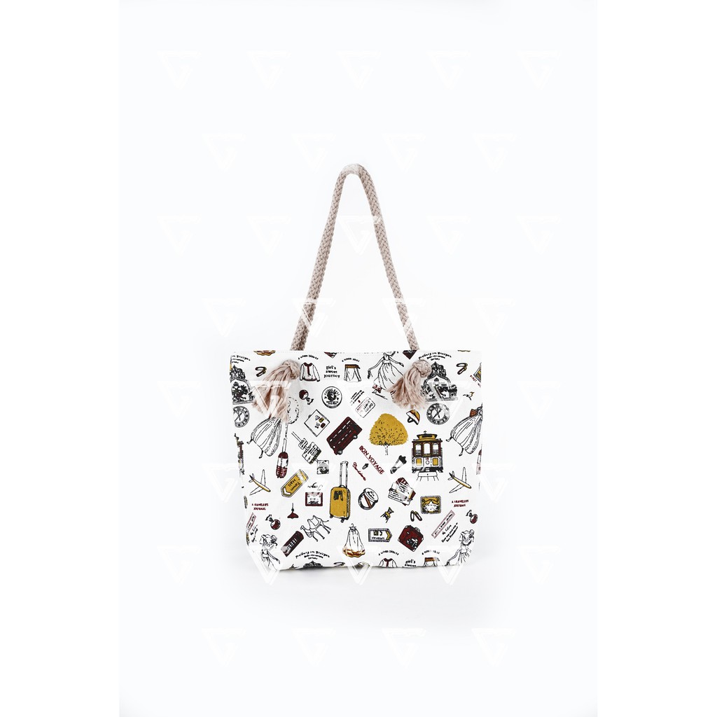 Tote Bag Kanvas Tali Sumbu - Tas Totebag Wanita Talisumbu Kanvas Motif Travel