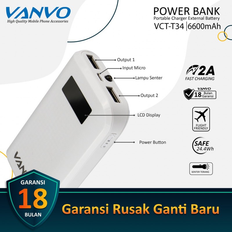 POWER BANK POWERBANK 6600 MAH VANVO VCT-T34 ORIGINAL DUA OUTPUT POWERBANK