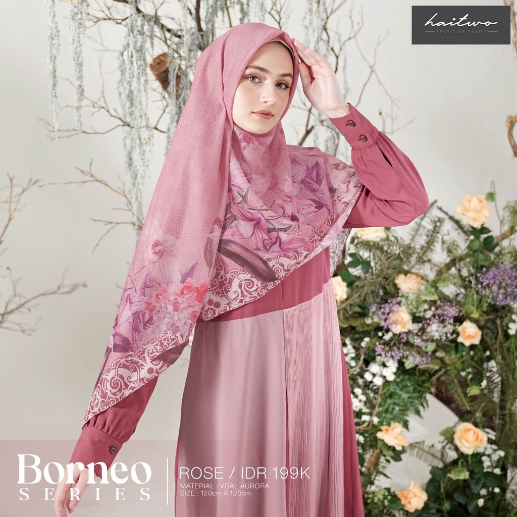 Haitwo Borneo Series Hijab Segi Empat Motif Bahan Voal Aurora Muslimah OOTD