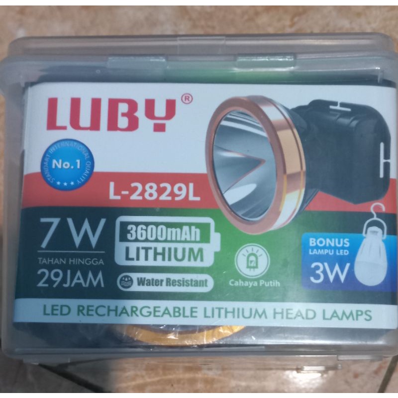 Senter Kepala 7 Watt Luby L-2829L/Bonus bohlam/Cahayaputih/Tahan 29 Jam/Super Terang