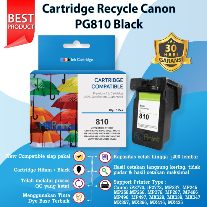 Cartridge Tinta Recycle 810 PG810 PG-810 Refill Printer Canon iP2770 MP287 MP237 MP258 non original