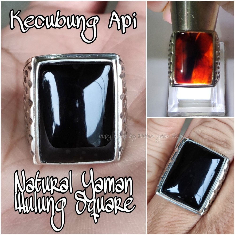 CINCIN NATURAL BATU AKIK KECUBUNG API AKA YAMAN WULUNG SQUARE HITAM MAKIN BERGAYA