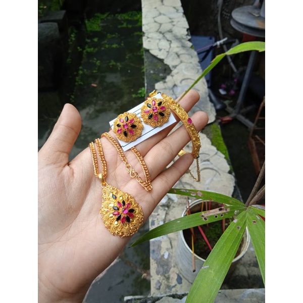 set gelang kalung anting tembaga lapis emas asli