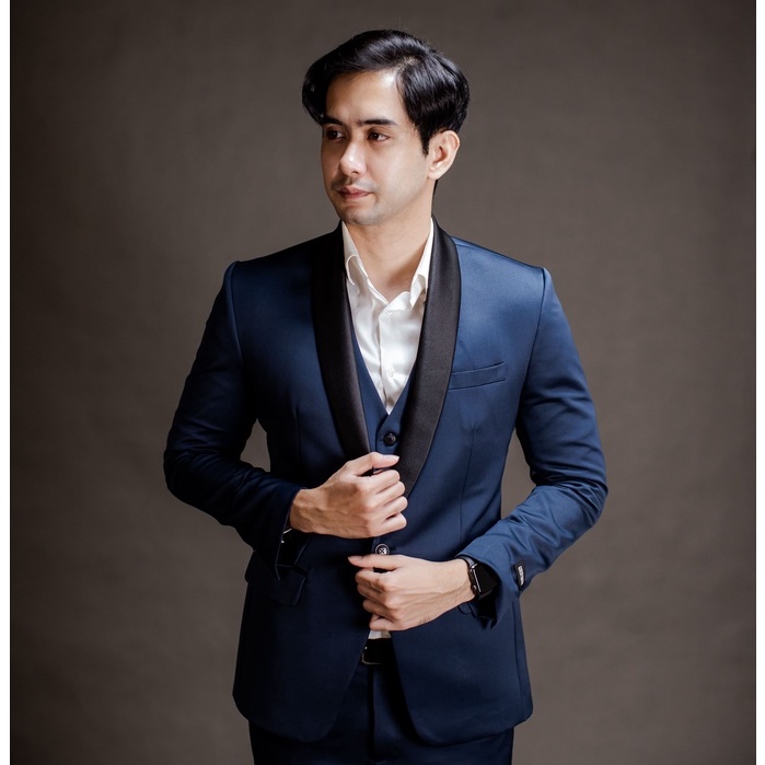 Setelan Jas Celana &amp; Rompi Tuxedo Navy Lapel Hitam - GOLDY OUTFIT