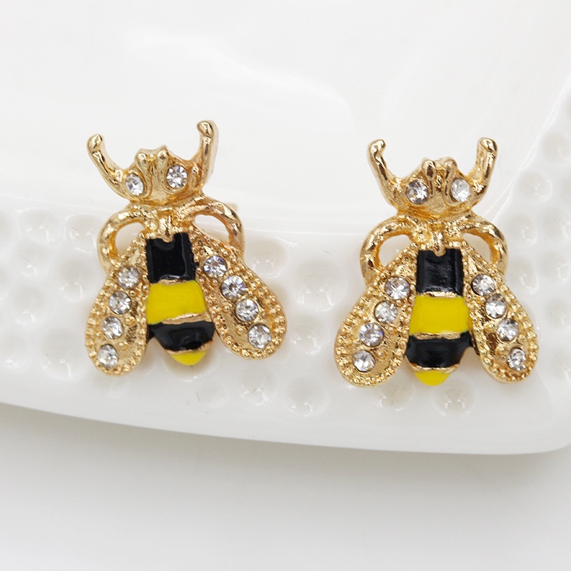 Korean version of ear jewelry fashion sweet temperament colorful glaze dripping oil diamond bee earrings rhinestone earrings