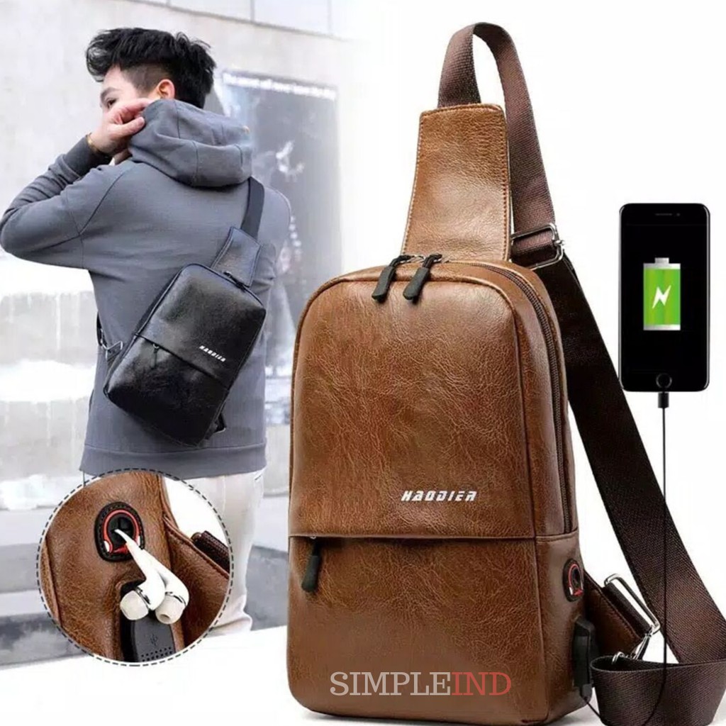 Tas Selempang / Slempang Kulit Pria / Sling Bag Cowok USB Kekinian /Tas Kampus Kuliah Keren Kekinian