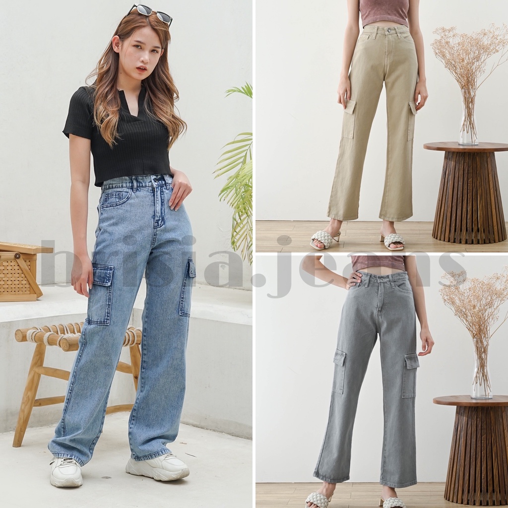 BRISIA JEANS - HYE-JIN Cargo Boyfriend Jeans (Highwaist) - Size 27-33 - Celana Cargo Wanita